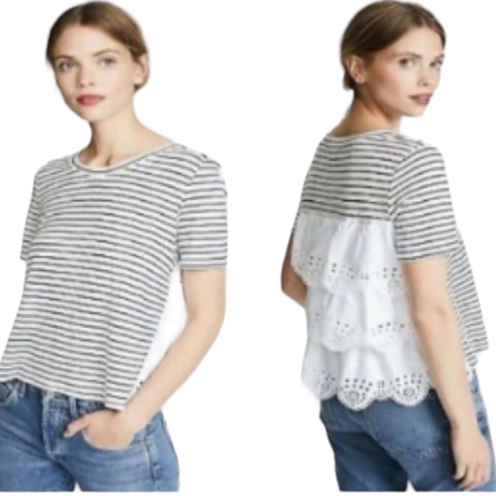 JOIE LINEN EYELET NAUTICAL STRIPED COTTAGE SCALLOPED TIERED SHORT SLEEVE TOP S